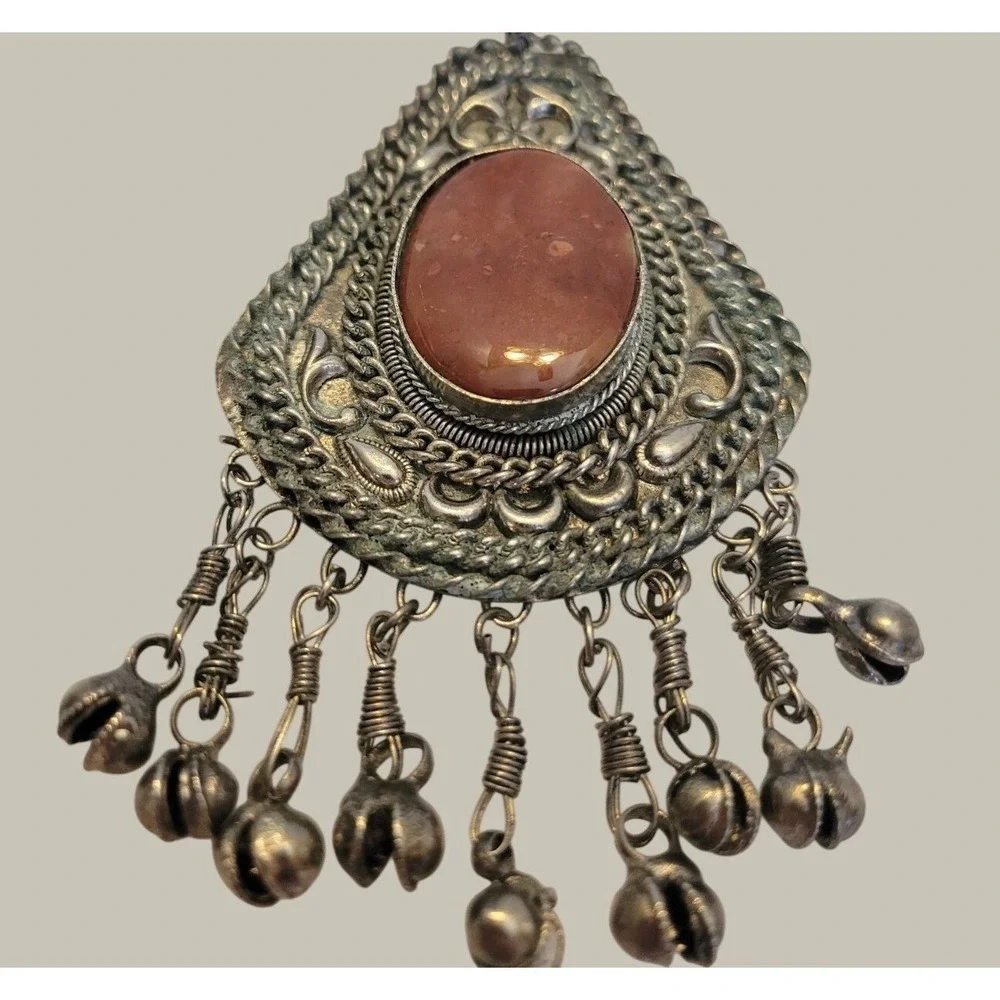 Vintage Tribal Boho Ethnic Pendant Carnelian Type Bell Statement Silver Tone